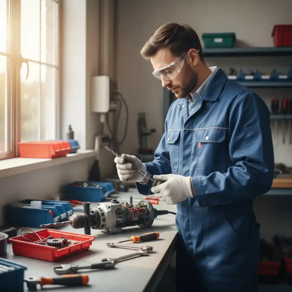 Técnico revisando un martillo perforador en el taller